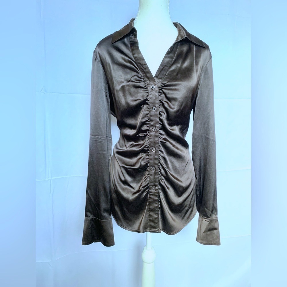 Vintage Ruched Satin‎ Blouse Womens Large Brown Long Sleeve Button Up Le Chateau